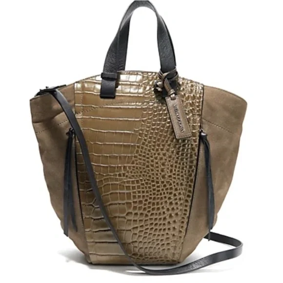 ♦️SOLD♦️ Vince Camuto Croc Embossed Suede Mavis Tote Olive Green Crossbody Bag - Picture 1 of 13